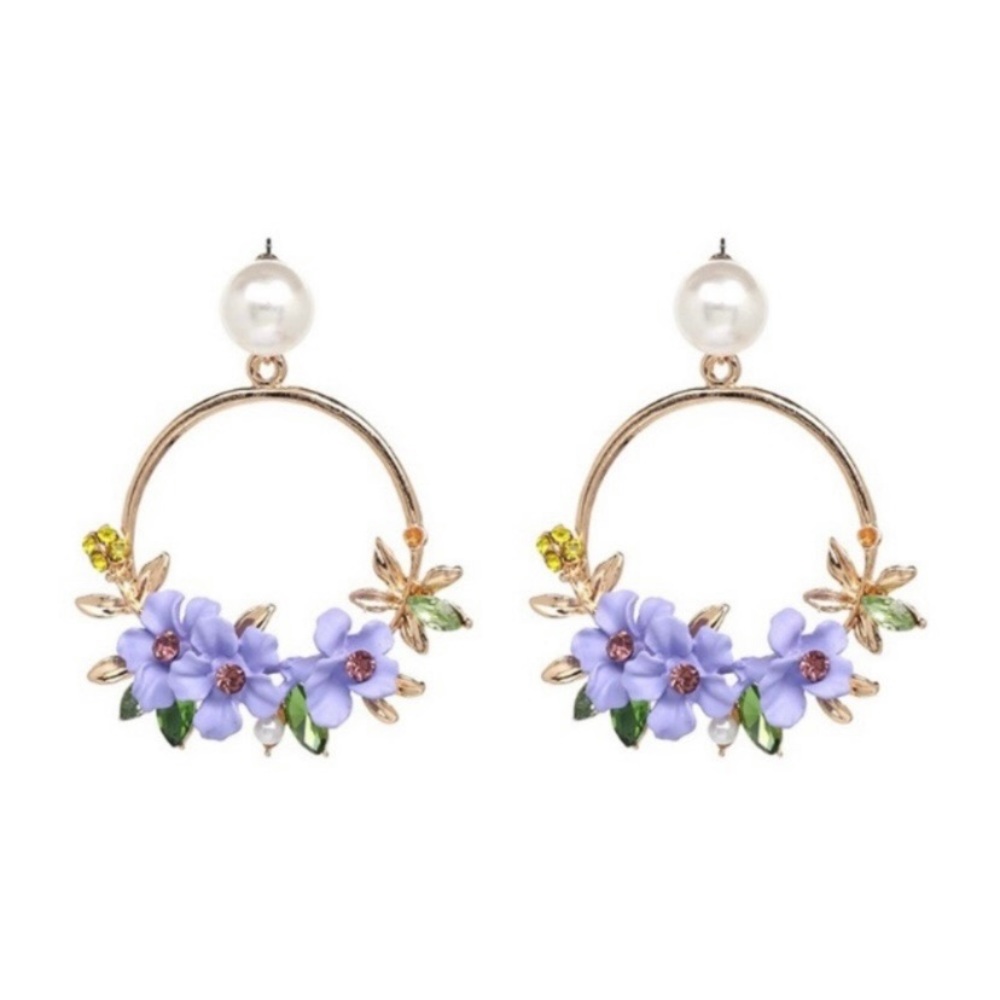 Purple Crystal Flower Dangle Drop Earrings for Women - Picture 2 of 4